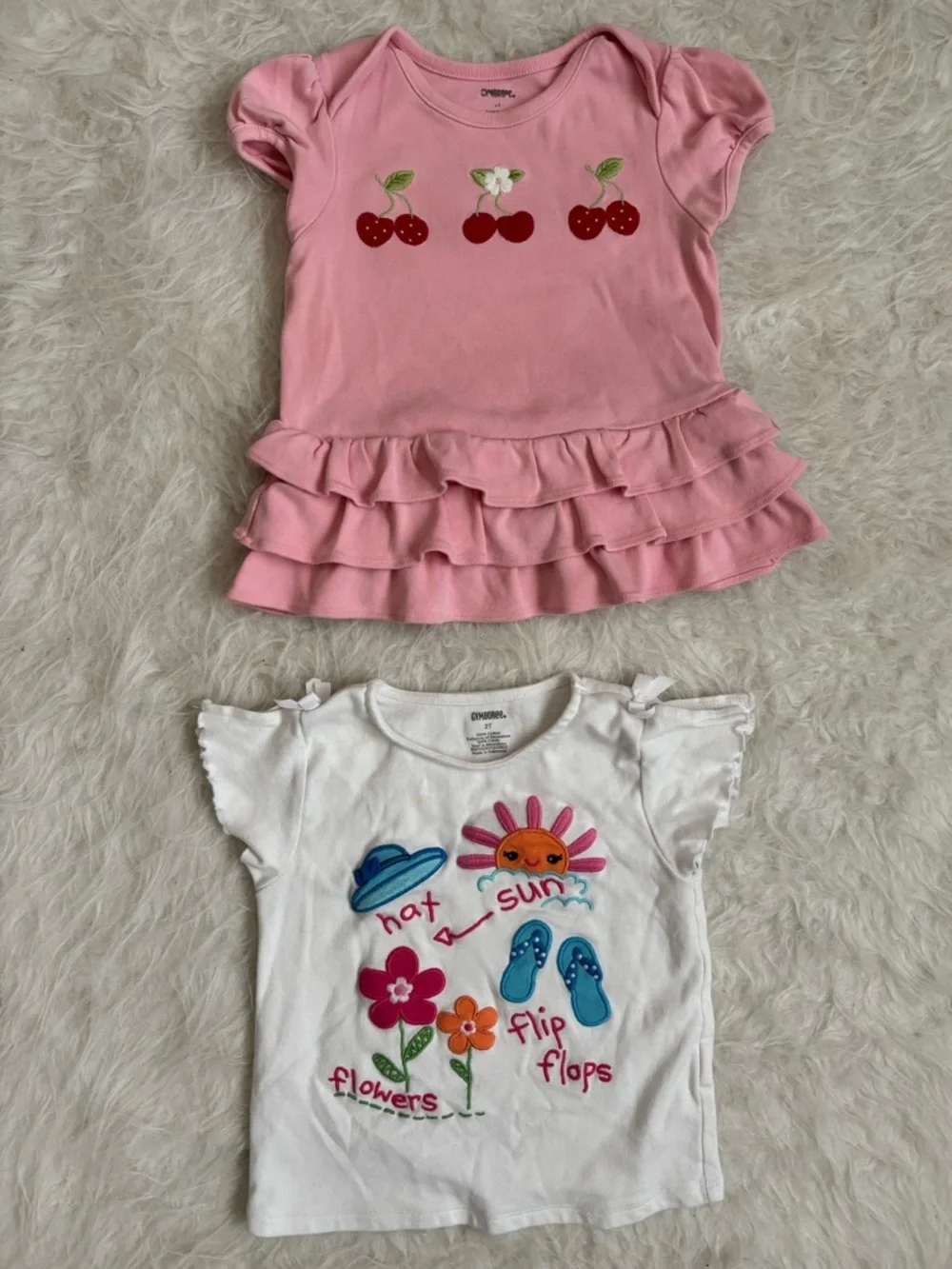 Gymboree Girls Pink Ruffle Cherry Top & White Summer Graphic Tee Set